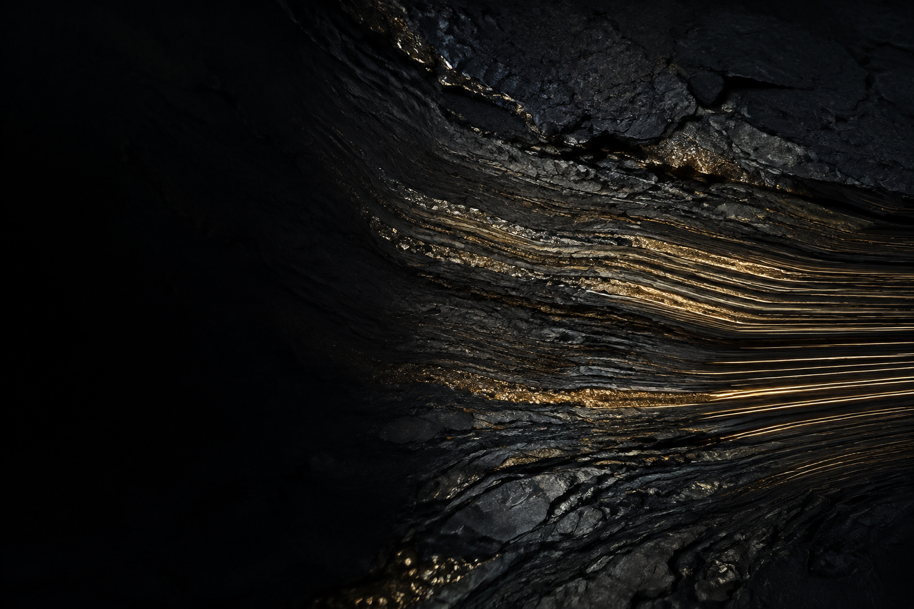 Layered dark bedrock transitioning into precise champagne-gold mineral bands