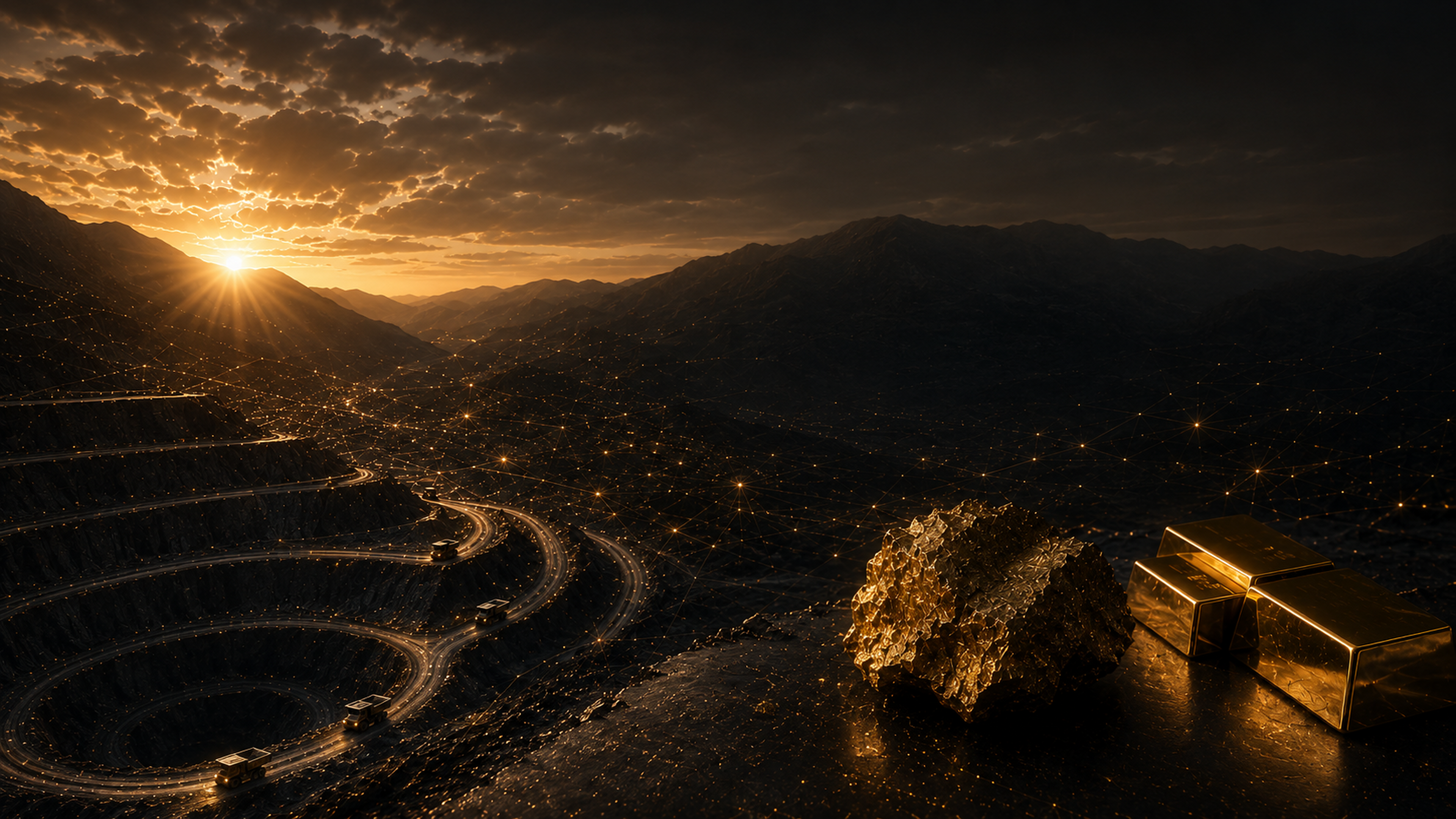 Illuminated precious metals mine at sunset with subtle digital network, raw gold mineral and refined bars
