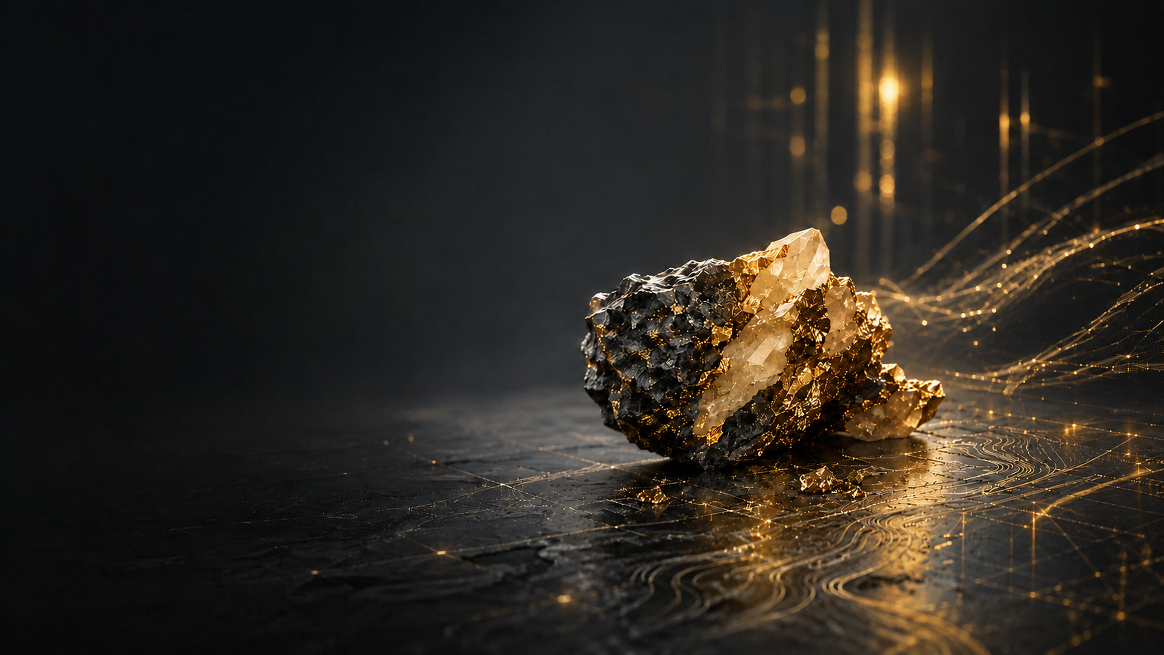 Gold-bearing mineral rock with subtle trailing champagne digital light lines