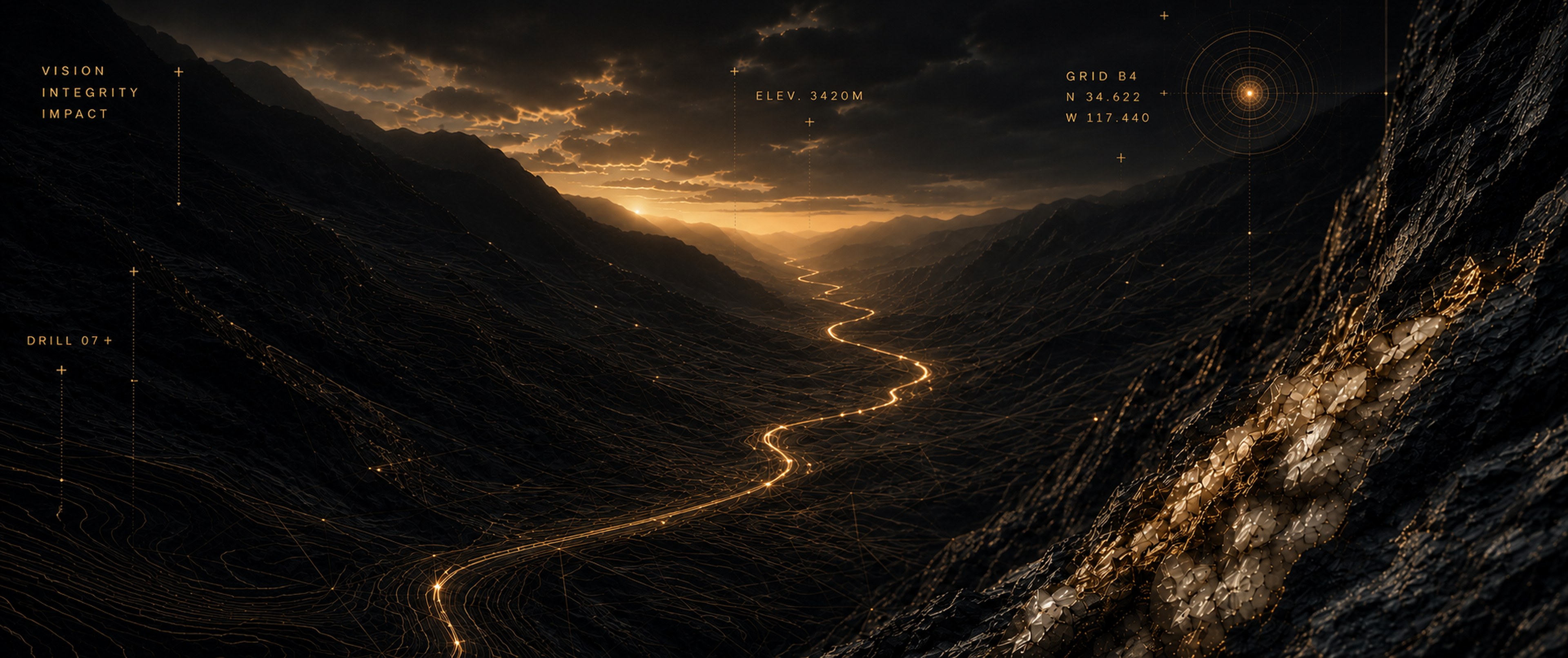 Cinematic dark mountain valley with refined gold mapping lines and a mineral formation