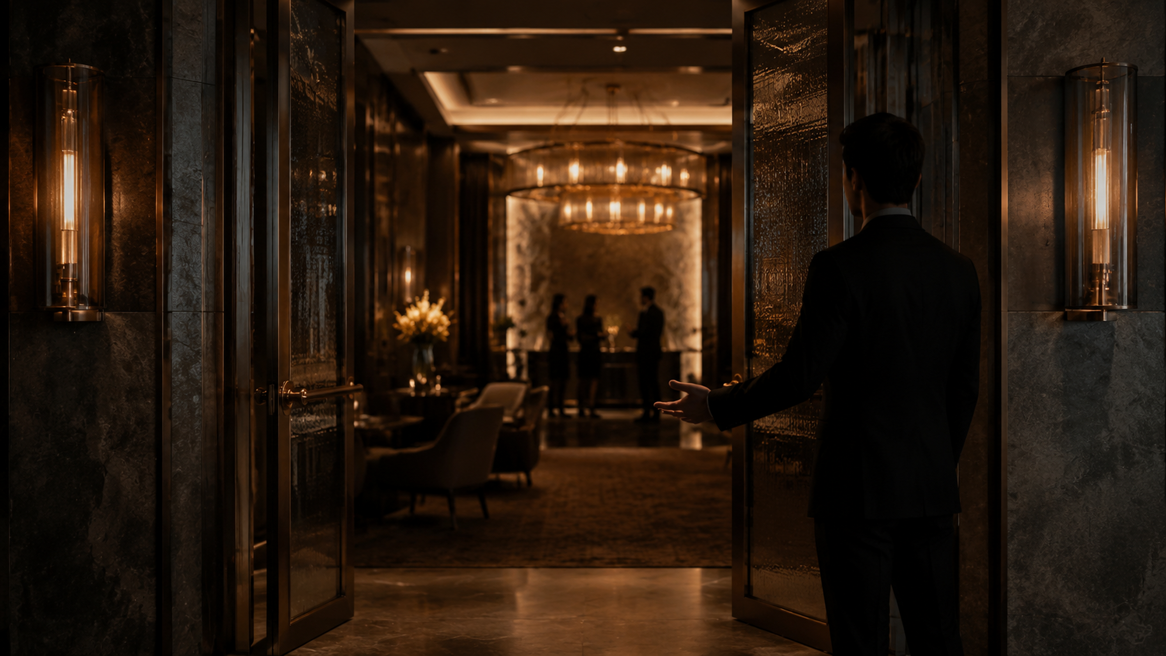 A private executive salon welcoming visitors through open bronze doors