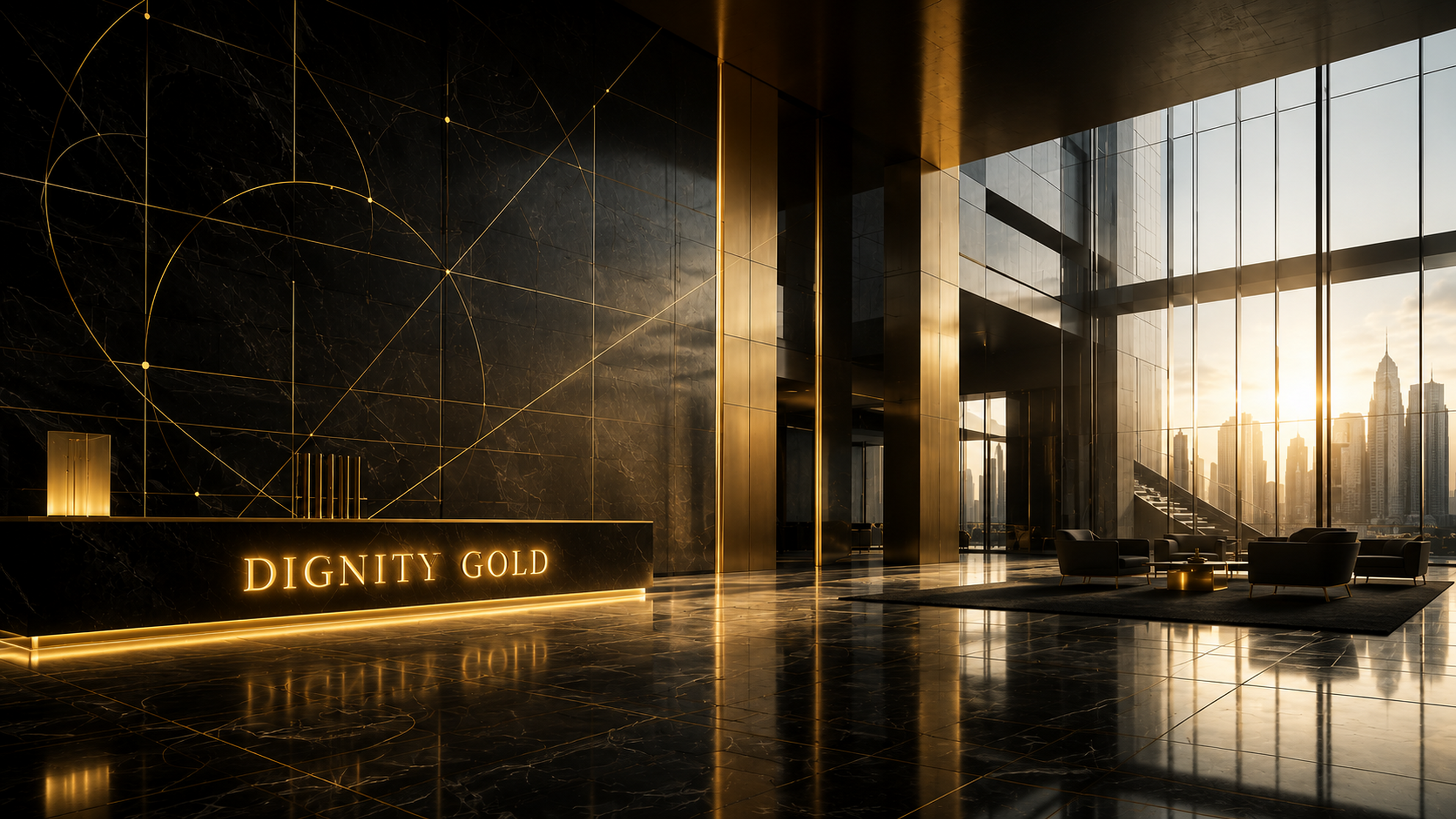 Dignity Gold executive office at sunset with illuminated Dignity Gold desk lettering