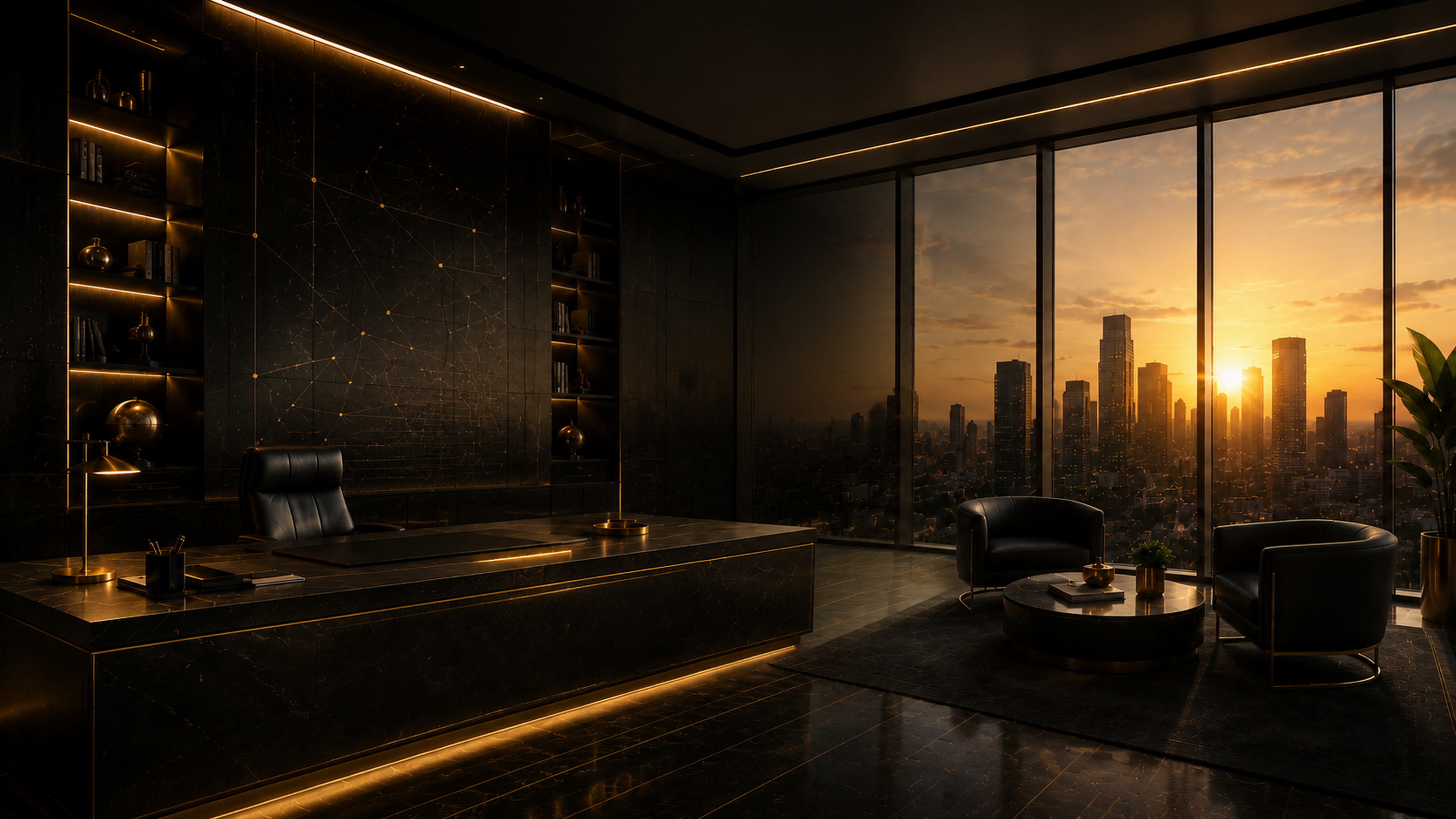 Premium obsidian executive office overlooking a city at golden hour