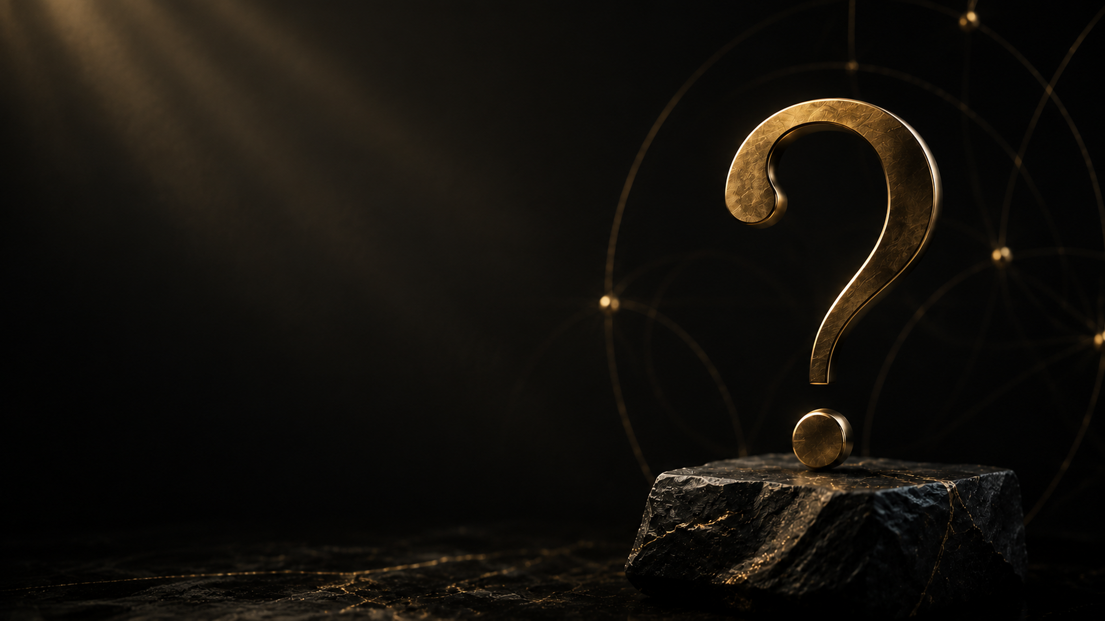 Sculptural gold question mark on a dark mineral pedestal with subtle champagne network arcs