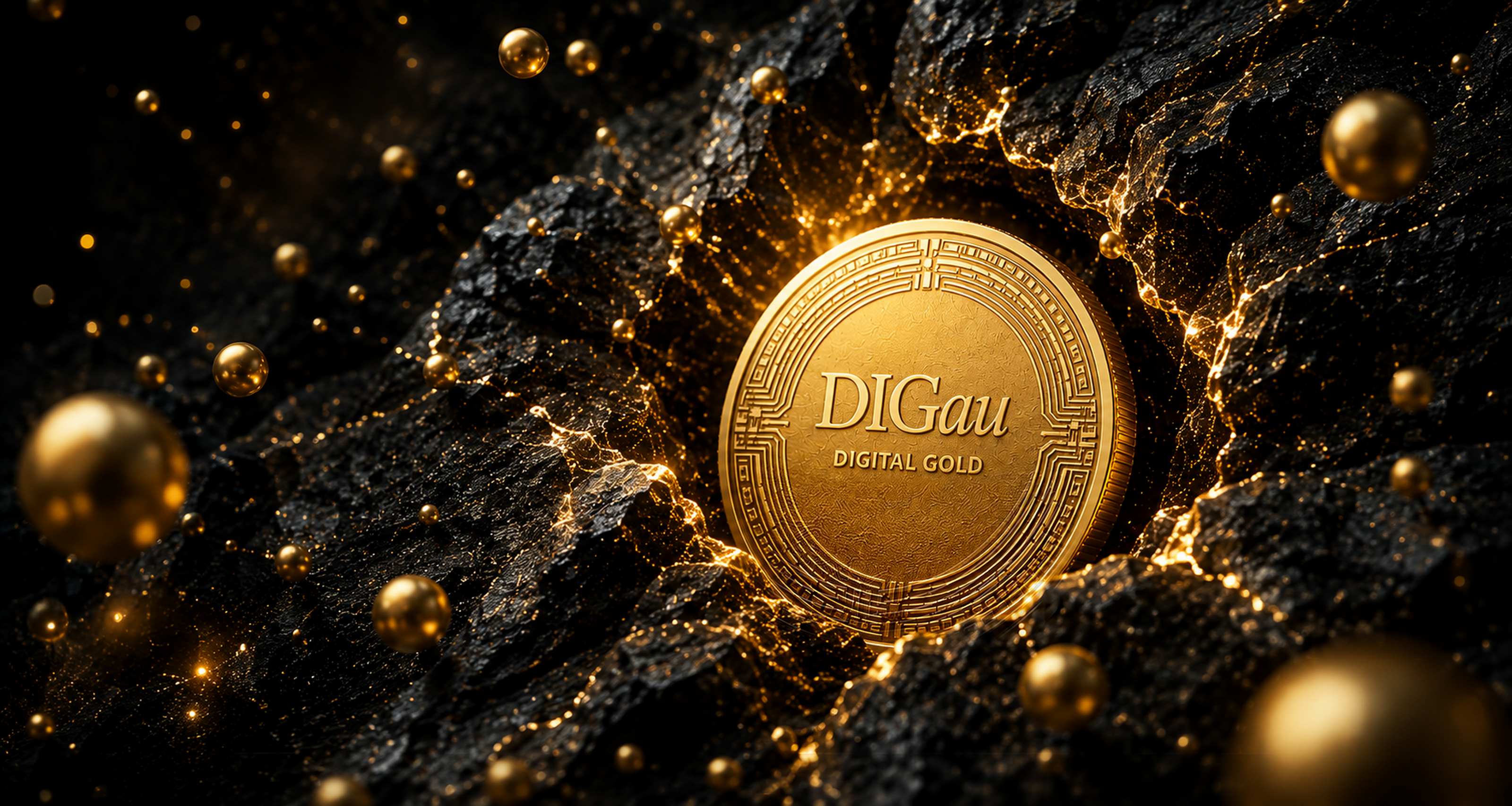 DIGau coin amid gold-lit mineral formations